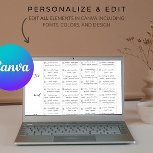 May include: A laptop computer screen displaying a Canva design template for a weekly meal planner. The template includes a list of meal options for each day of the week, with options for breakfast, lunch, and dinner. The text on the screen reads "D: grilled chicken pasta pesto broccoli", "B: scrambled eggs toast / peach", "L: chicken salad", "D: salmon asparagus roasted potatoes", "B: protein smoothie toast / jam", "L: turkey on wheat apple / peanut butter", "D: grilled chicken pasta pesto broccoli", "B: scrambled eggs toast / peach", "L: chicken salad", "D: salmon asparagus roasted potatoes", "B: protein smoothie toast / jam", "L: turkey on wheat apple / peanut butter", "D: 2 hard boiled eggs granola / banana", "B: oatmeal / berries 1 tbsp nut butter", "L: egg salad on wheat apple / mandarin orange", "D: 2 hard boiled eggs granola / banana", "B: oatmeal / berries 1 tbsp nut butter", "L: egg salad on wheat apple / mandarin orange", "D: grilled chicken pasta pesto broccoli", "B: scrambled eggs toast / peach", "L: chicken salad", "D: salmon asparagus roasted potatoes", "B: protein smoothie toast / jam", "L: turkey on wheat apple / peanut butter".