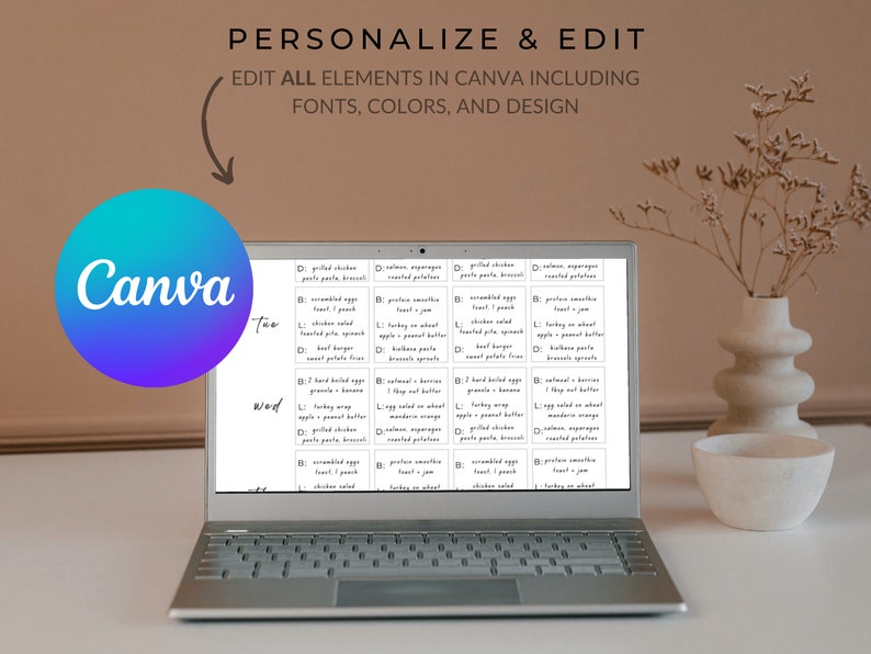 May include: A laptop computer screen displaying a Canva design template for a weekly meal planner. The template includes a list of meal options for each day of the week, with options for breakfast, lunch, and dinner. The text on the screen reads "D: grilled chicken pasta pesto broccoli", "B: scrambled eggs toast / peach", "L: chicken salad", "D: salmon asparagus roasted potatoes", "B: protein smoothie toast / jam", "L: turkey on wheat apple / peanut butter", "D: grilled chicken pasta pesto broccoli", "B: scrambled eggs toast / peach", "L: chicken salad", "D: salmon asparagus roasted potatoes", "B: protein smoothie toast / jam", "L: turkey on wheat apple / peanut butter", "D: 2 hard boiled eggs granola / banana", "B: oatmeal / berries 1 tbsp nut butter", "L: egg salad on wheat apple / mandarin orange", "D: 2 hard boiled eggs granola / banana", "B: oatmeal / berries 1 tbsp nut butter", "L: egg salad on wheat apple / mandarin orange", "D: grilled chicken pasta pesto broccoli", "B: scrambled eggs toast / peach", "L: chicken salad", "D: salmon asparagus roasted potatoes", "B: protein smoothie toast / jam", "L: turkey on wheat apple / peanut butter".