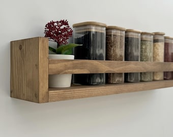 Estante de pared rústico de nogal claro para cocina: organizador de especias de madera maciza hecho a mano / estante flotante de madera para decoración rústica