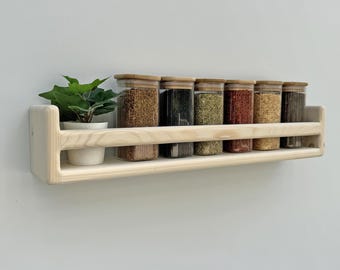Especiero de pino macizo con bordes redondeados: estante de pared de madera lisa hecho a mano para decoración de cocina y hogar / Estante flotante natural