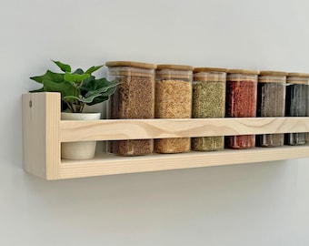 Handmade Solid Pine Spice Rack – Rustic Natural Wood Wall Shelf for Kitchen | Floating Wooden Organizer for Spices