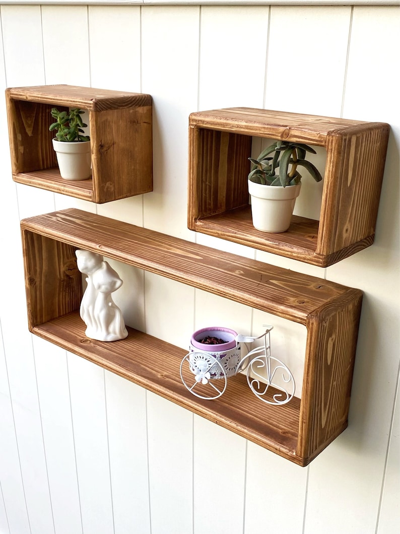Floating Wood Box Shelf Set of 3 Shelves Plant Shelf Etsy