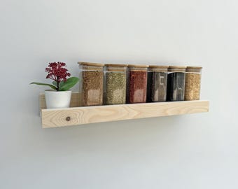 Modern Rustic Floating Spice Shelf – Pine Wall Ledge with Raised Front Edge for Kitchen & Wall Décor