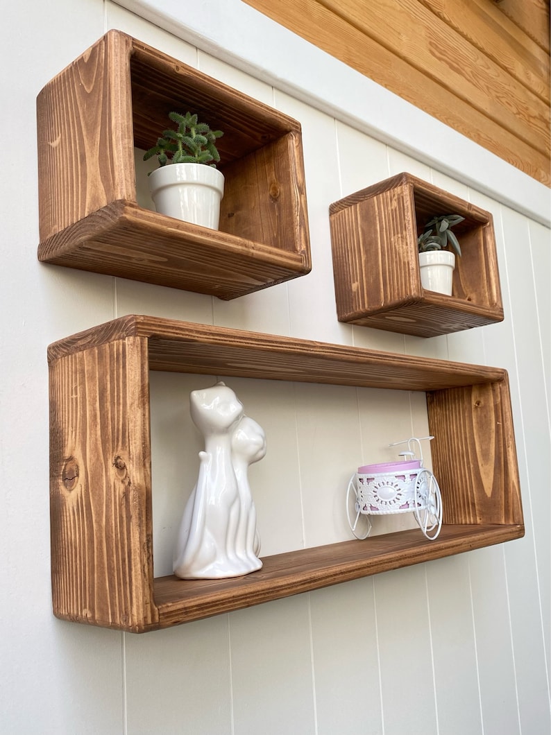 Floating Wood Box Shelf Set of 3 Shelves Plant Shelf Etsy
