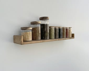 Walnut Spice Rack – Deep Wooden Wall Shelf for Kitchen | Handmade Rounded Edge Pine Organizer for Jars & Bottles, Single or Set of 2