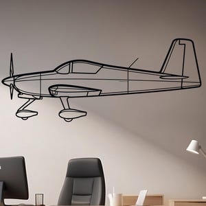 May include: Black outline of a single-engine airplane mounted on a wall. The aircraft features a propeller, wings, and landing gear. The image is a minimalist design, suitable for aviation enthusiasts or office decor.