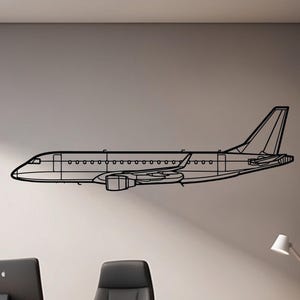 Metalowa dekoracja ścienna z samolotem Embraer E175 – regionalna dekoracja odrzutowca dla pilotów, akcent w pokoju załogi lotniczej, metalowy szyld z samolotem, pomysł na prezent lotniczy