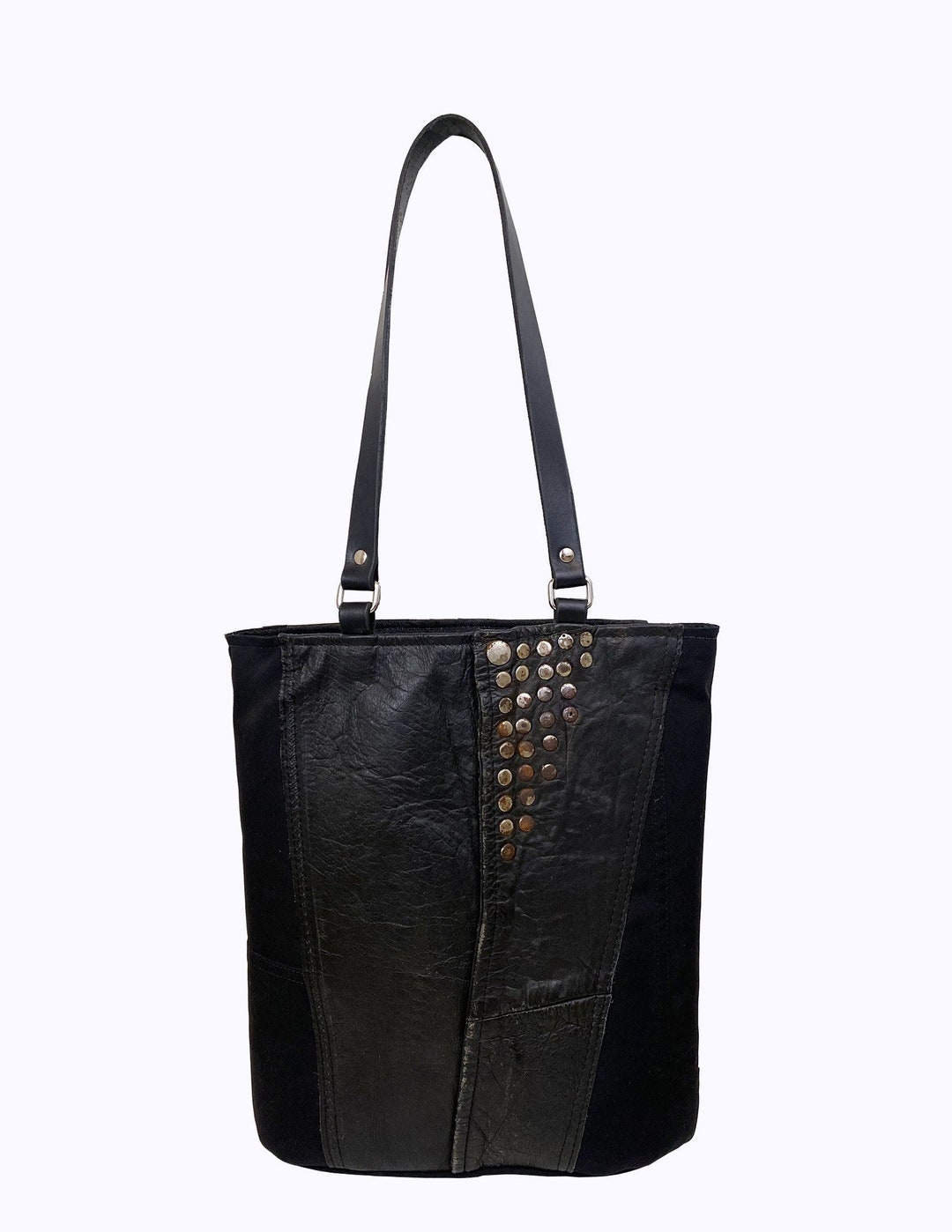 Black Leather Studded Tote Bag Upcycled Etsy