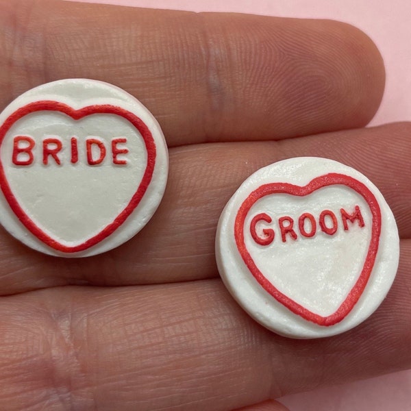 Novelty Bride Groom Love Heart Sweet Inspired Retro Candy Pin Badge,Polymer Clay, Gift to Celebrate Wedding Day, Honeymoon, Hen do, Stag do