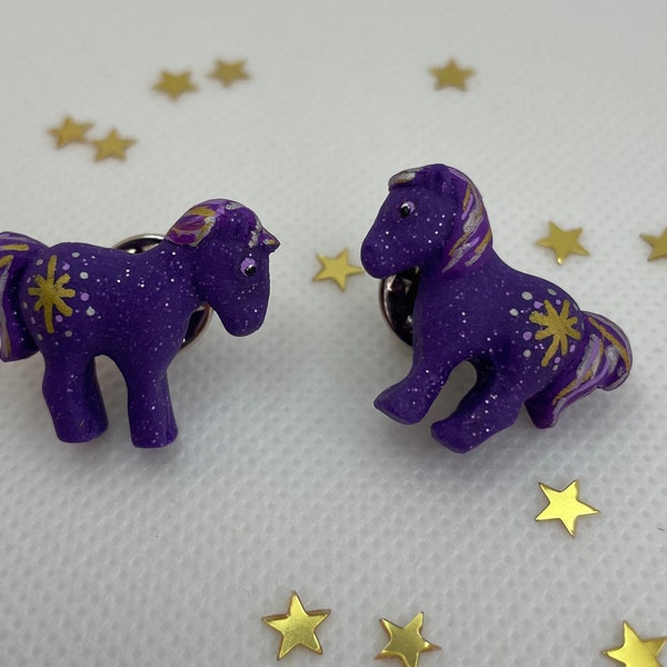 Cute Purple My Little Pony G1 Inspired Pin Badge.  Fun Handmade Polymer Clay Push Pin. Star Glitter Sparkle Design Novelty Retro 90s 80s MLP
