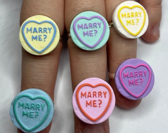 Novelty Colourful Marry Me Love Heart Sweet  Retro Candy Ring, Handmade Polymer Clay Adjustable Silver Colour Band. Engagement Proposal