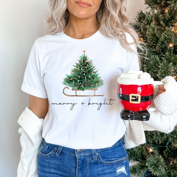 Christmas Shirts for Women, Merry and Bright Shirt, Christmas Long Sleeve Shirt, Christmas Tree Shirt, Holiday Shirts, Winter Shirt