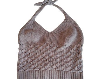 Y2K halterneck Crochet ~ beige knitted top from early 2000s ~ teenage style
