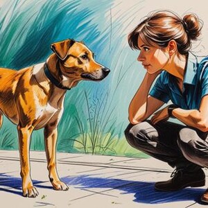May include: An illustration of a brown dog with a black collar standing on a sidewalk, facing a person who is squatting down. The person is wearing a blue shirt and dark pants. Green and blue foliage is in the background.