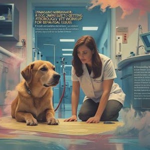 Puede incluir: Un labrador dorado está sentado en una alfombra amarilla en una clínica veterinaria, mirando a una mujer con una bata blanca. La imagen incluye texto sobre problemas de comportamiento canino. La clínica tiene mostradores de acero inoxidable y equipo médico.