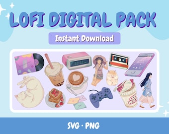 Lofi Svg Bundle, Cute lofi png files for cricut, Lofi cut files for print, Lofi stickers for instant download, Lofi Vibes icons, Lofi art