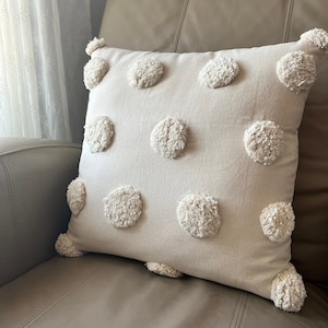 SUE || Off White Natural White Ivory Cream Embroidered Tufted 100% Cotton 18x18 Boho Decorative Throw Pillow