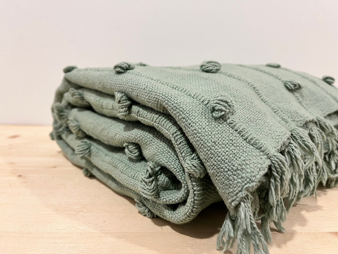 KENDALL Sage Green Loops Hand Loom Chunky Woven Sofa Throw Blankets