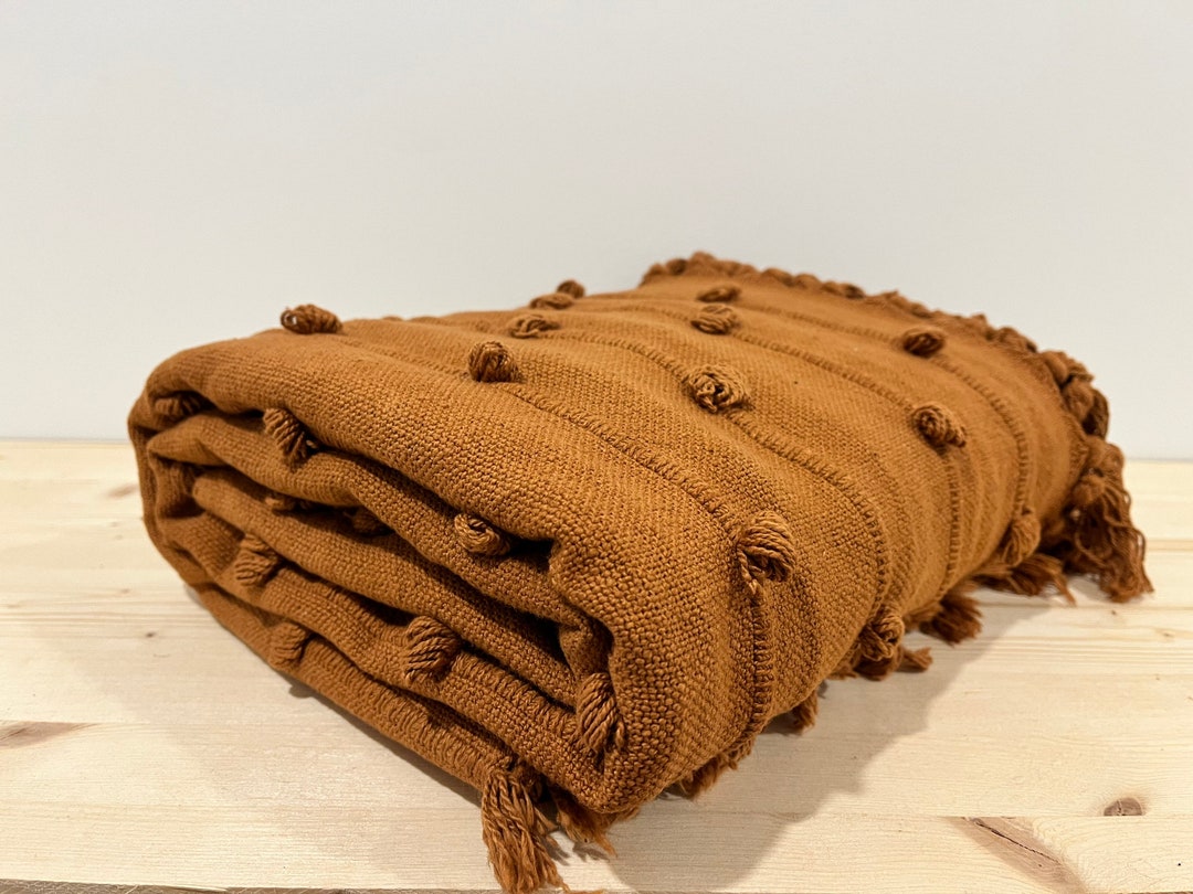 JAYA Rust Orange Loops Hand Loom Chunky Woven Sofa Throw Blankets