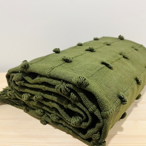 ROSHAN || Olive Green Forest Green Loops Hand Loom Chunky Woven Sofa Throw Blankets Decorative Throws Chunky Loops Throw