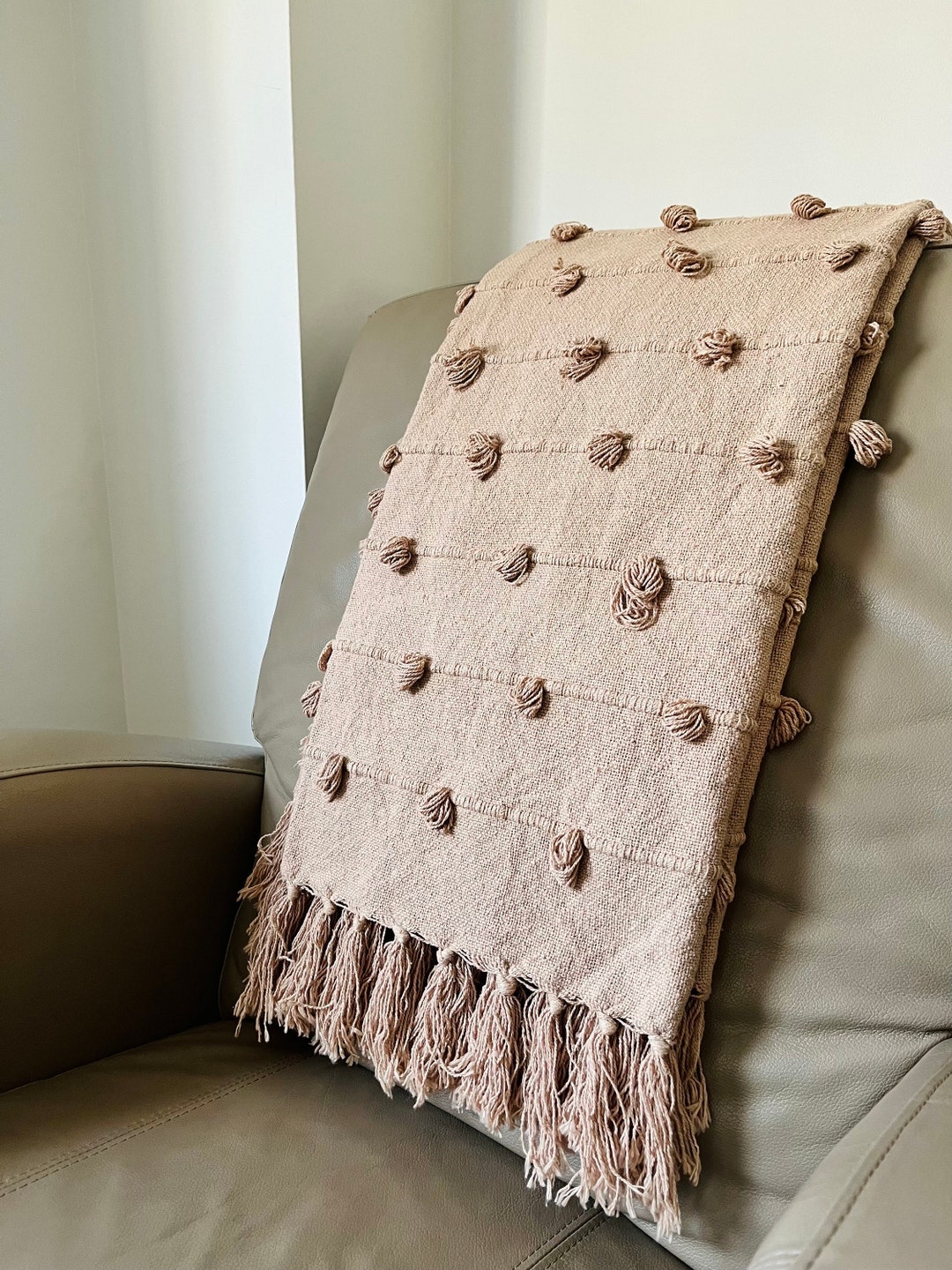 SANDY Sand Beige Loops Hand Loom Chunky Woven Sofa Throw Blankets