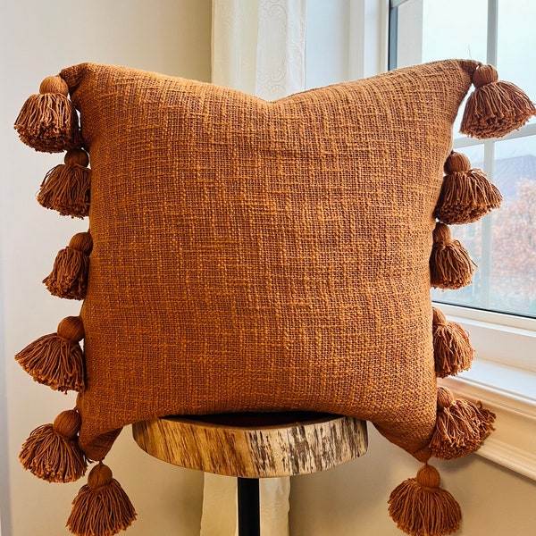 VEENU || Rust Orange Hand Woven 100% Cotton Textured Boho Throw Pillow Cover Case 20x20 Inches