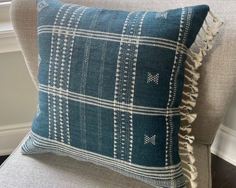 RAJ || Indigo Blue Pillow Cover Vintage Boho Modern Farmhouse Indian Wool Decorative Throw Pillow Cover 20x20 Inch