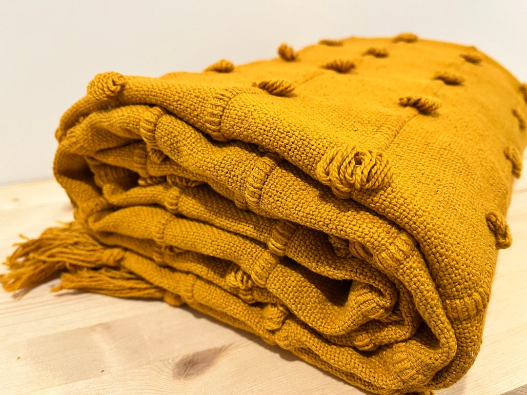 SUNNY Mustard Yellow Loops Hand Loom Chunky Woven Sofa Throw Blankets