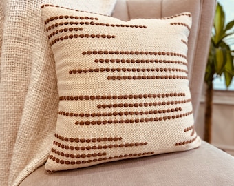 MAYA || Rust Orange Dusty Orange Ivory Hand Loom Woven Tufted Textured Cotton 20x20 Inches Decorative Cushion Cover Boho Throw Pillow Case