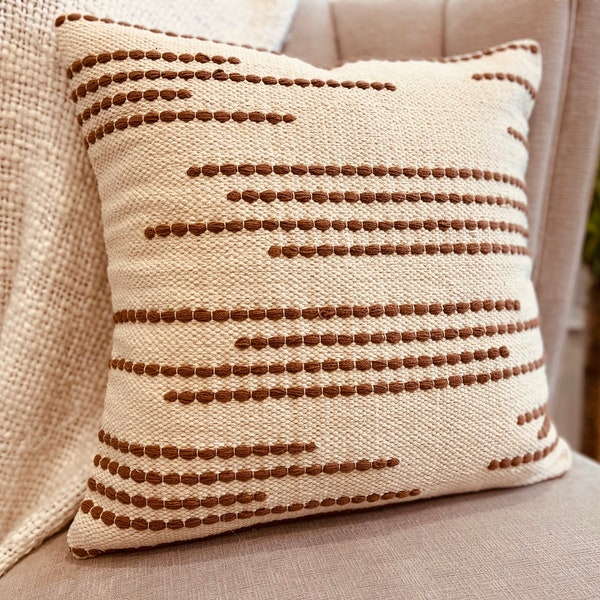 MAYA || Rust Orange Dusty Orange Ivory Hand Loom Woven Tufted Textured Cotton 20x20 Inches Decorative Cushion Cover Boho Throw Pillow Case