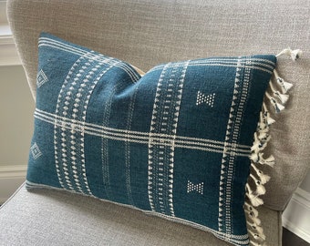 RAJ || Taie d'oreiller bleu indigo vintage bohème ferme moderne en laine indienne, housse de coussin décoratif 40 x 50 cm