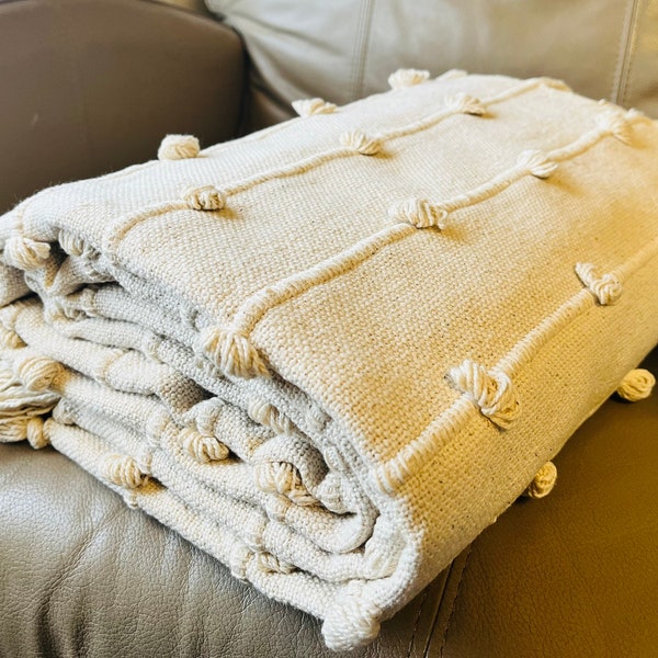 GRACE || Ivory Off White Neutral Loops Hand Loom Chunky Woven Sofa Throw Blankets Decorative Throws Chunky Loops Throw