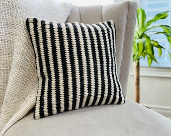 Chloe in Black || Black White Hand Loom Woven Tufted Textured 100% Cotton 18x18 Inch Boho Decorative Case Handmade Throw Pillow Cover