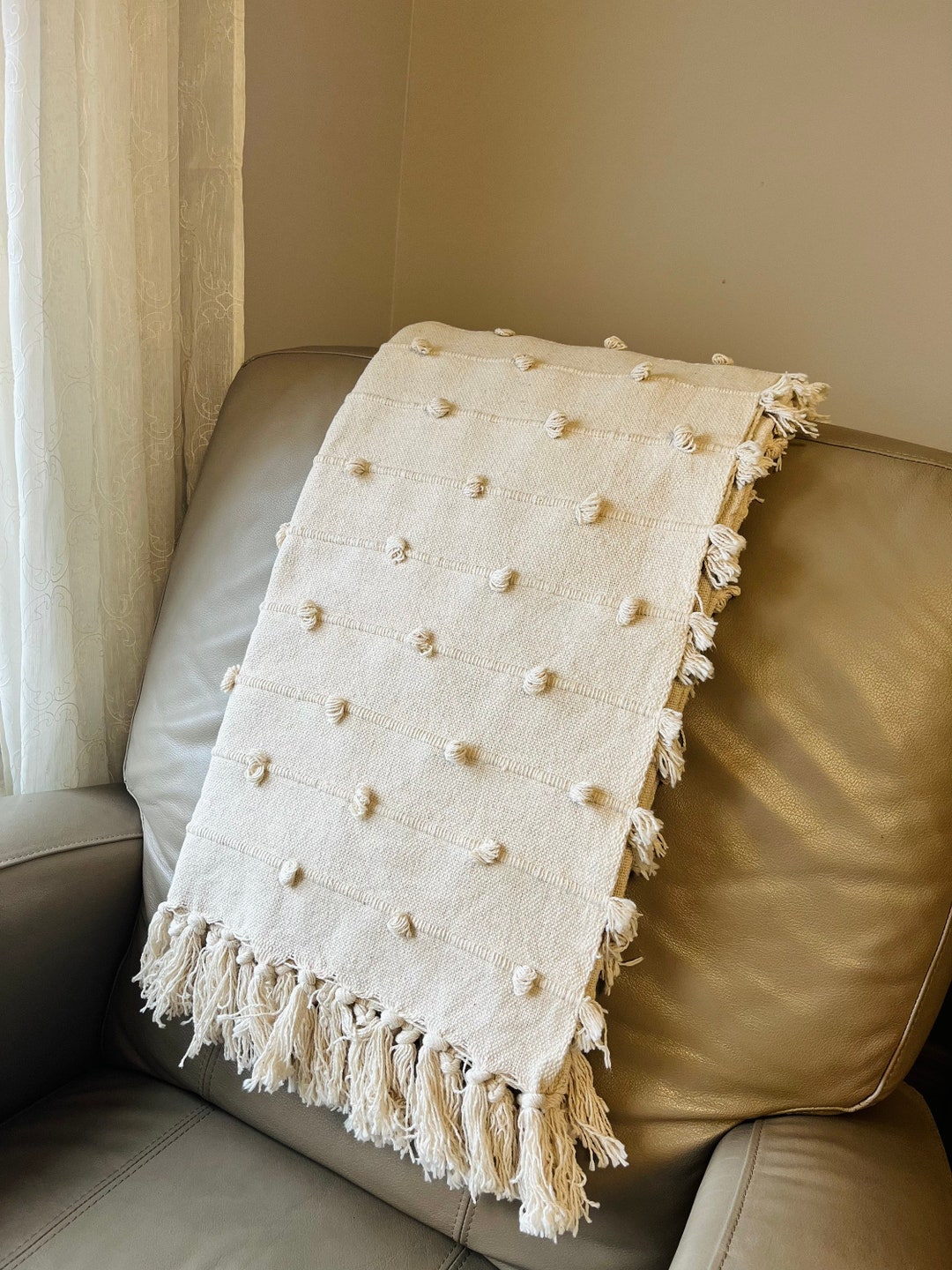 GRACE Ivory off White Neutral Loops Hand Loom Chunky Woven Sofa Throw