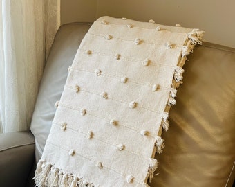 GRACE || Ivory Off White Neutral Loops Hand Loom Chunky Woven Sofa Throw Blankets Decorative Throws Chunky Loops Throw