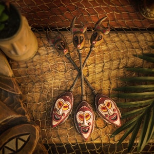Tiki Swizzle Sticks, Adventureland Headhunter Mask, One Handmade and Painted Tiki Swizzle Stick, Inspired by Adventureland, and Trader Sams