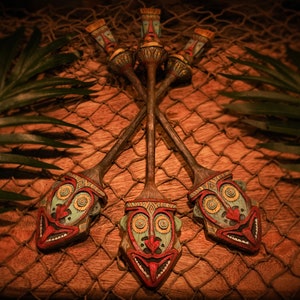 Tiki Swizzle Sticks, Rongo Tiki, Handmade and Painted Paddle swizzle stick, Inspired by Rolly Crump&#39;s Enchanted Tiki room Rongo Tiki