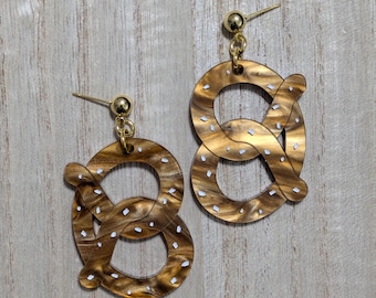 So Knotty, Salted Pretzel Earrings, Cheesy Pretzel Novelty Acrylic Food Earrings, Clip-ons, or Tunnels