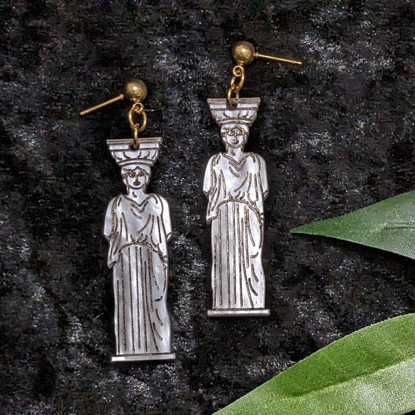 Caryatid Away, Caryatids of Erechtheion, Greek Column Earrings, Architecture Jewelry, Art History Gift, Clip ons, Dangle Gauges