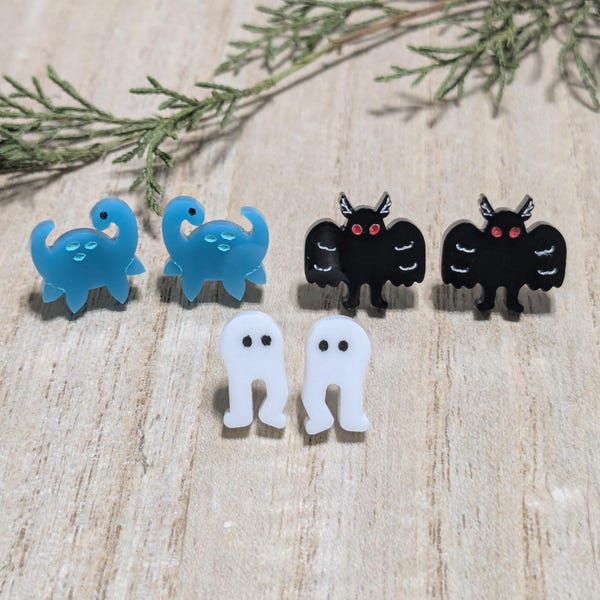 Cryptid Stud Earrings: Loch Ness Monster (Nessie), Mothman, Or Fresno Nightcrawler