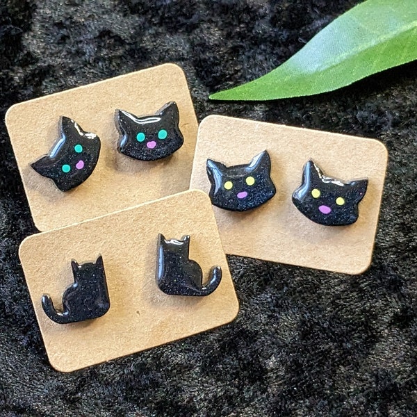 Black Cat Studs, Black Cat Earrings, Cat Accessories, Pet Earrings, Resin on Stainless Steel Studs, For Stocking Stuffer, For Cat Lover