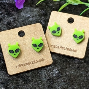 Be Extra(terrestrial), Cute Alien Studs, Small Green Alien Stud Earrings, Acrylic on Stainless Steel Studs