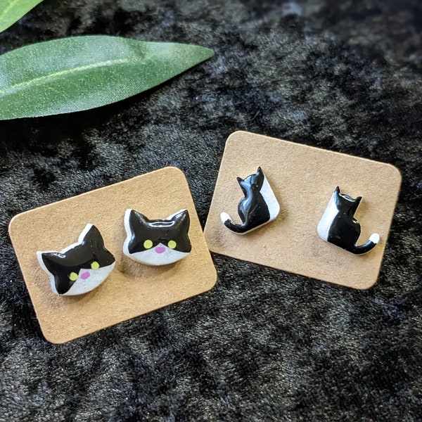 Tuxedo Cat Studs, Cat Stud Earrings, Black and White Cat Earrings, Resin on Stainless Steel Posts, For Stocking Stuffer, For Cat Lover