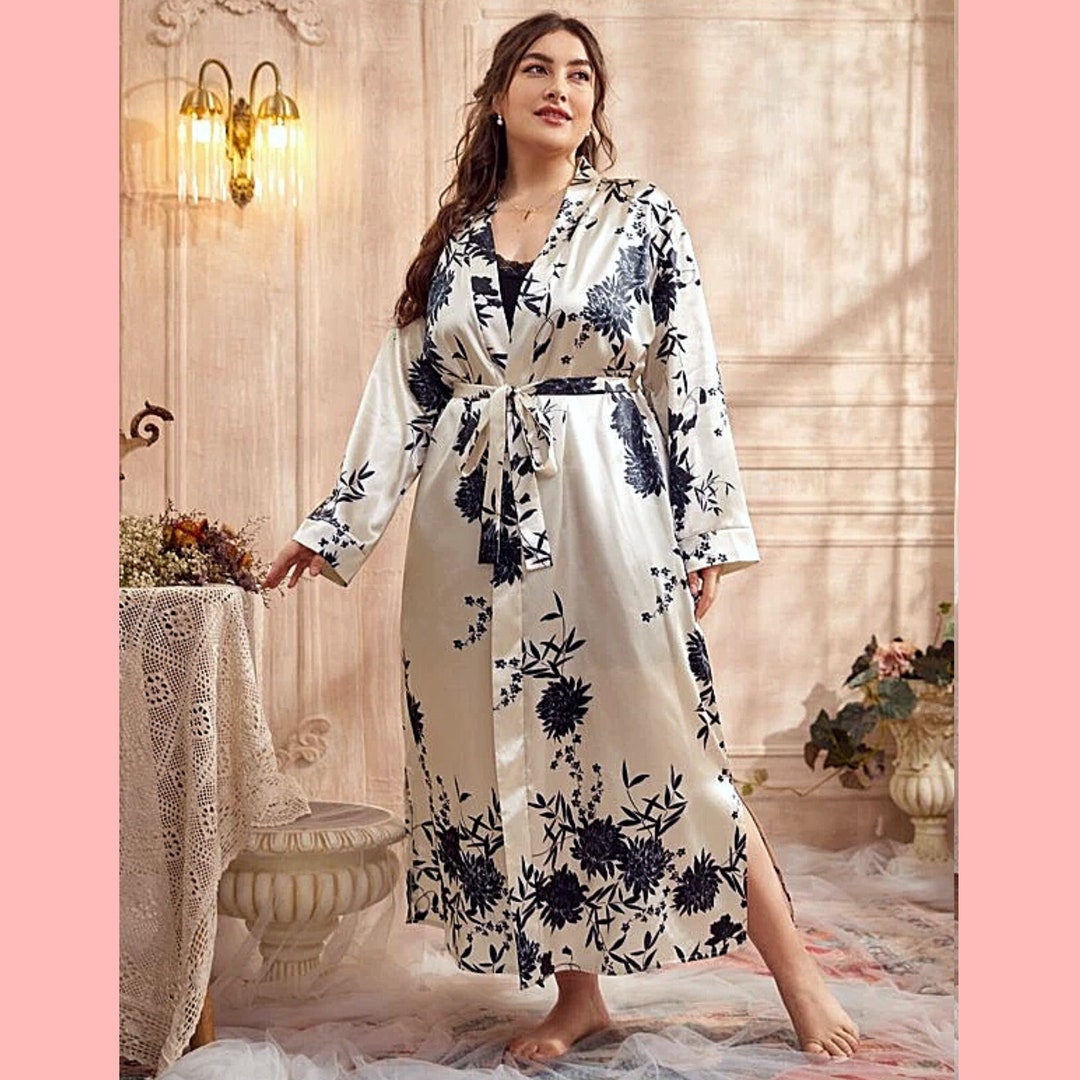 Long Satin Floral Robe Plus Size Satin Robe Bride Dressing Etsy