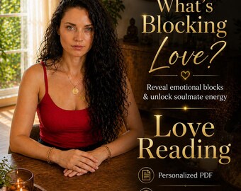 Op de afbeelding: Een vrouw in een rode tanktop zit aan een houten tafel. De afbeelding bevat de tekst "What's Blocking Love?" en "Love Reading". De tekst zegt ook "Onthul emotionele blokkades en ontgrendel soulmate-energie". Een kaars brandt in een glas.