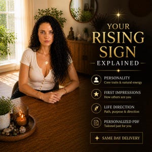 May include: A woman with long, dark curly hair sits at a wooden table. The image includes text that reads "YOUR RISING SIGN EXPLAINED" with bullet points about personality, first impressions, life direction, and a personalized PDF. A candle burns on a tray.