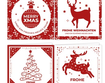 12 Weihnachtskarten Set kleine-quadratische Klappkarten Rot mit 12 Umschlägen