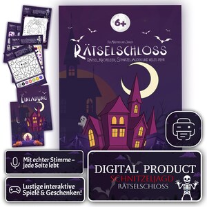 Könnte beinhalten: Ein digitales Produkt zum Thema Halloween mit einer lila Geisterhaus-Illustration und dem Text "Rätselschloss". Enthält Spielkarten und Einladungskarten. Der Text "Digital Product Schnitzeljagd Rätselschloss" ist ebenfalls sichtbar. Geeignet für Kinder ab 6 Jahren.