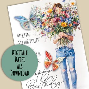 Geldgeschenk Bild Sofort Download PDF Geburtstagsgeschenk Last Minute Geschenk Geburtstag Hochzeit Frau mit Blumenstrauß Wunscherfüller