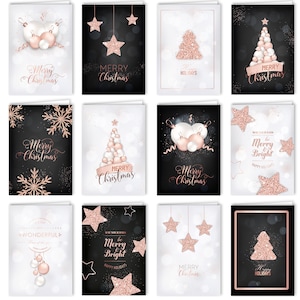 12 Roségold Weihnachtskarten Set "Festliche Roséträume" Klappkarten  Rose schwarz Glitzer mit Umschlägen